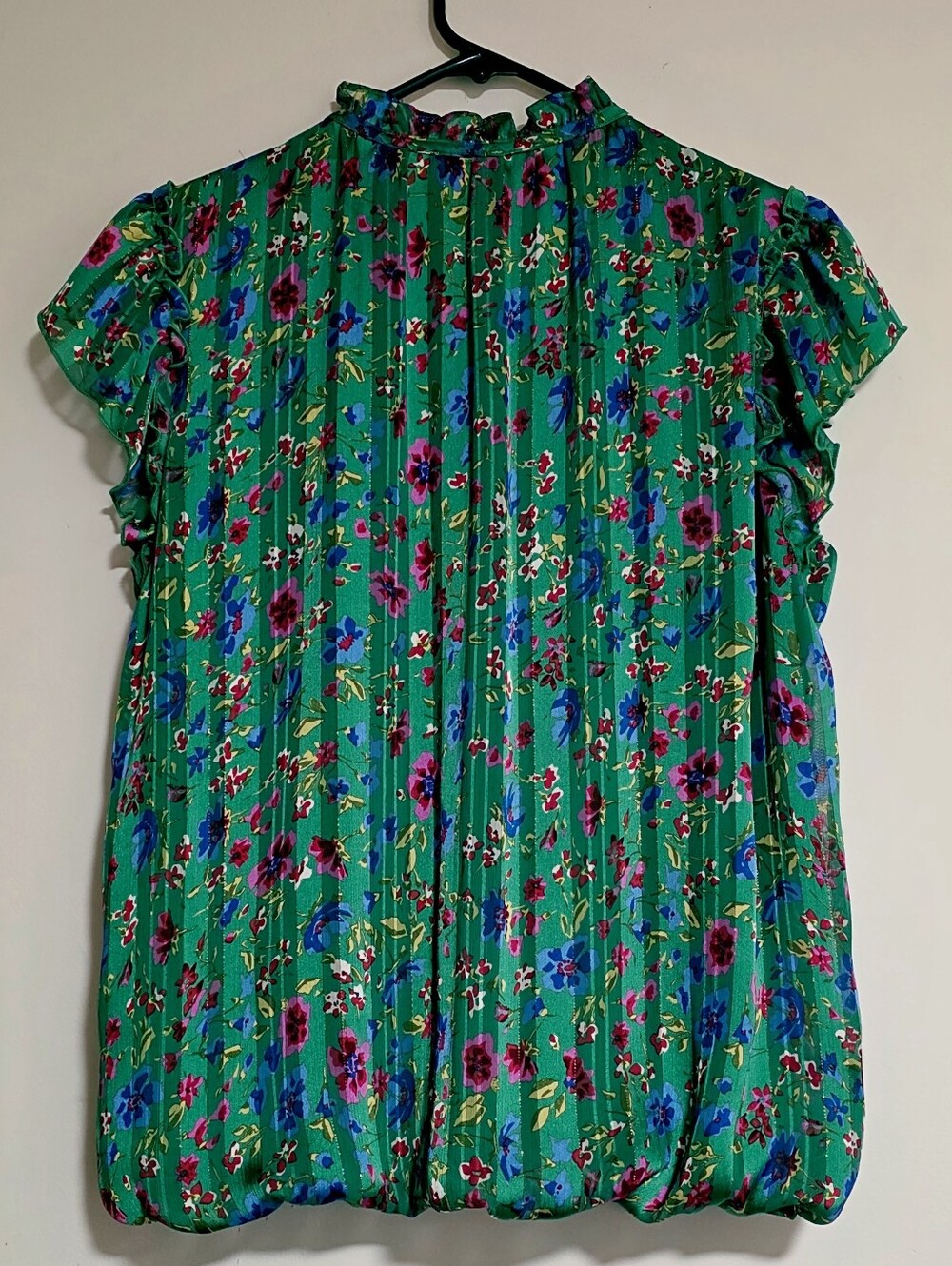 Tamara H Floral Pleated Ruffle Neck Flutter Sleeve Blouse Bubble Hem Green Large - Picture 4 of 12